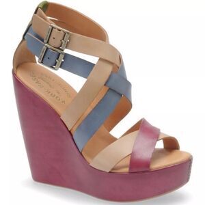 Kork-Ease Hailey Leather Platform Wedge Sandals 11 Natural Colorblock Spring